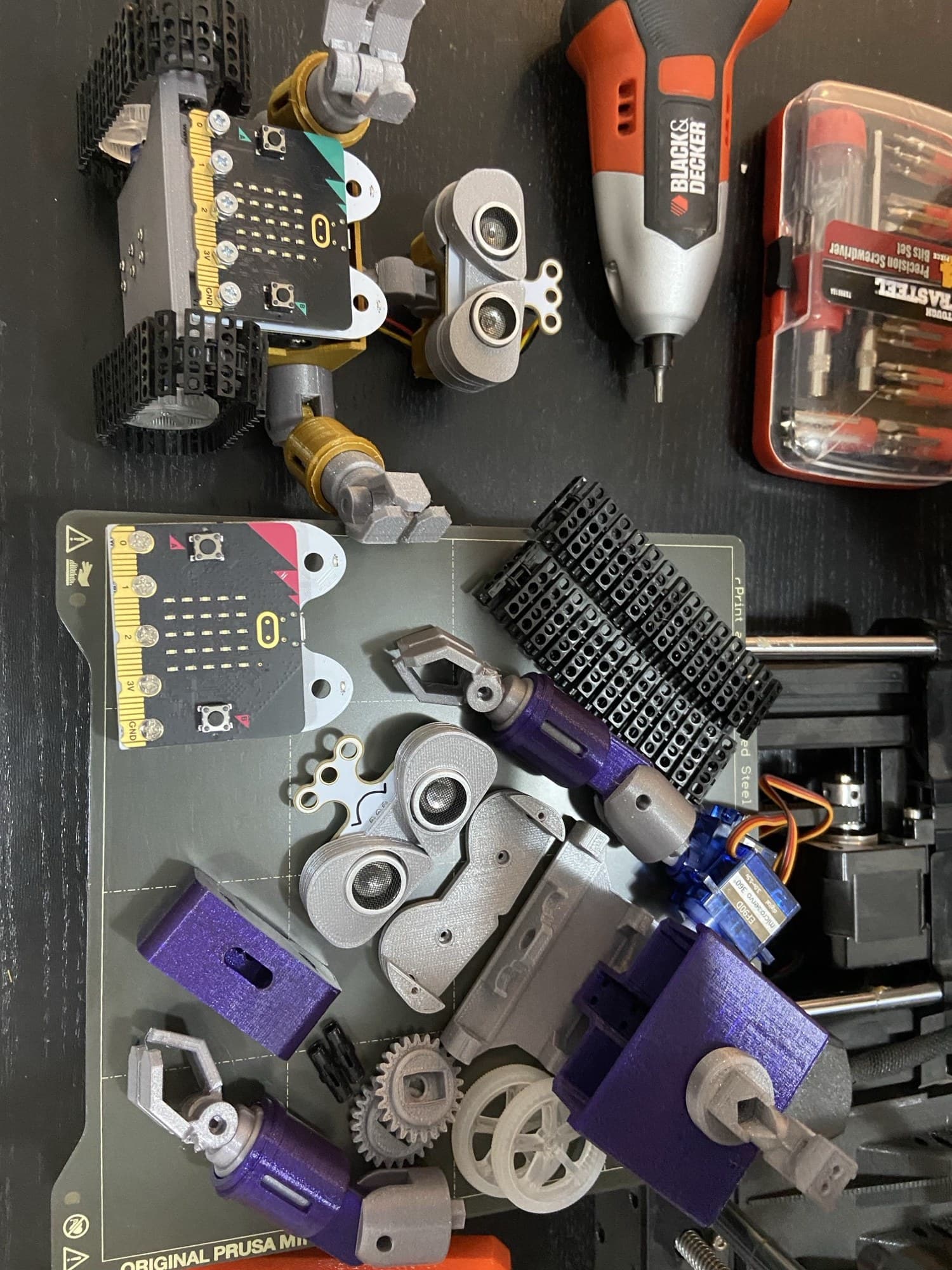 Top-down view of a Wall-E style robot build